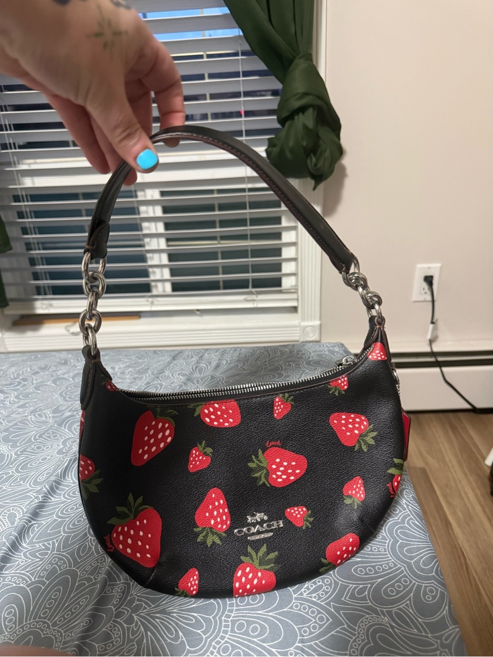 Coach Black Shoulder Bag with Red Strawberry Print